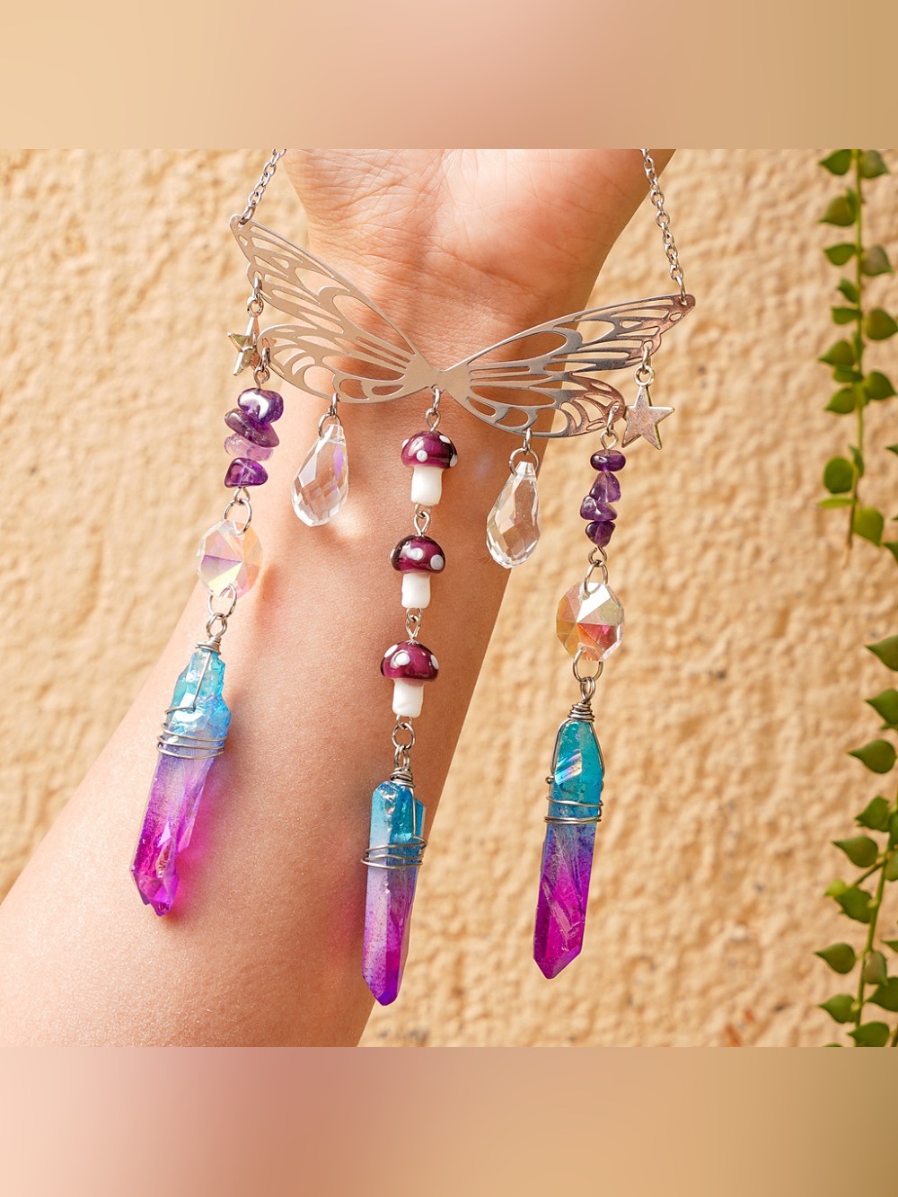 Hand Crafted Silver Butterfly Necklace with Purple and Teal Crystal Drops